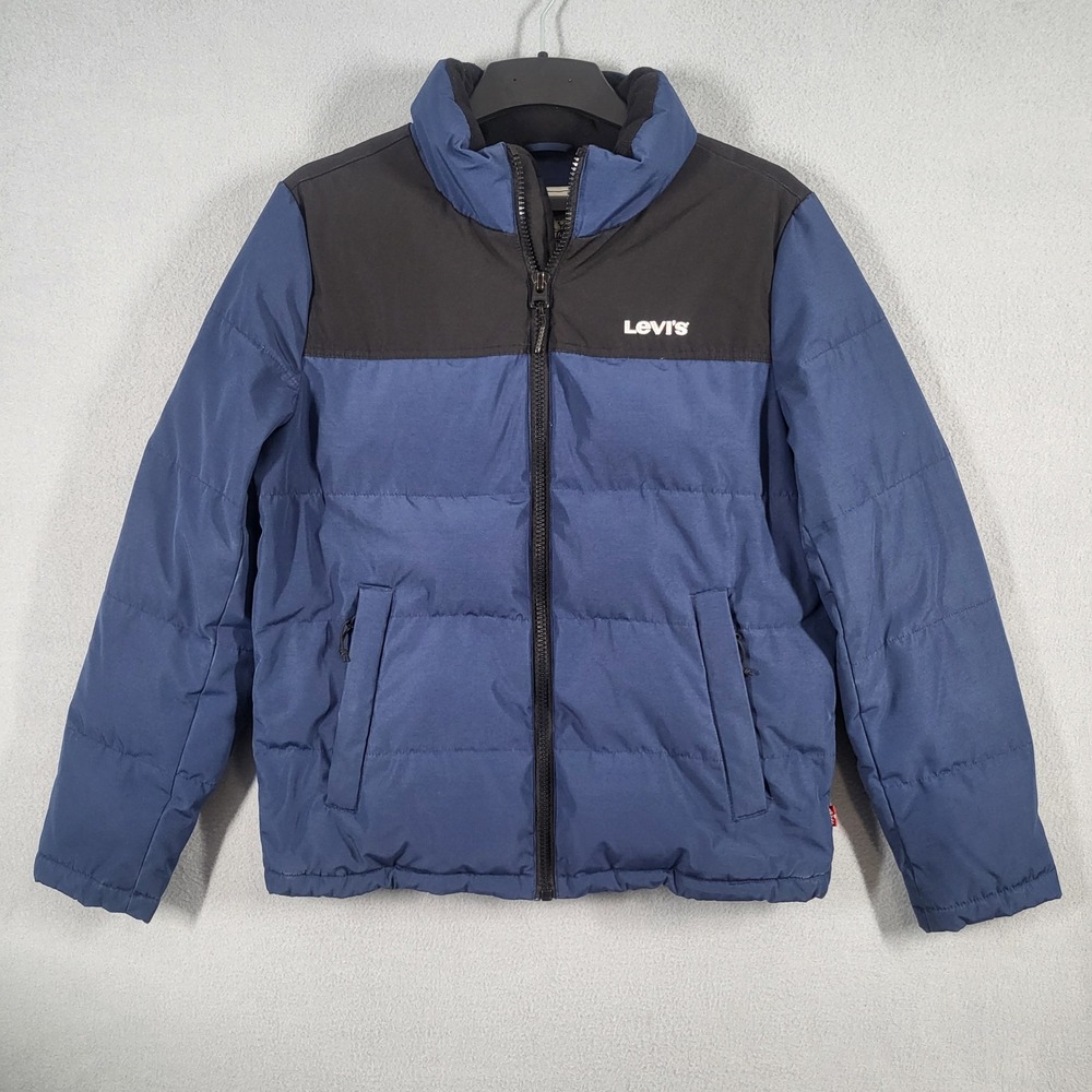 Levi's Hooded Puffer Jacket Men's S Blue Color Block Full Zip Polyester Hooded W